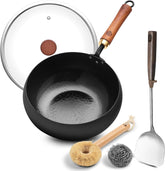 WANGYUANJI 9.5-Inch Wok Pan with Lid – Handmade Round Cooking Wok, Deep Frying Pan with Detachable Wooden Handle, No Chemical Coated Wok Flat Bottom for Induction & Gas Stoves